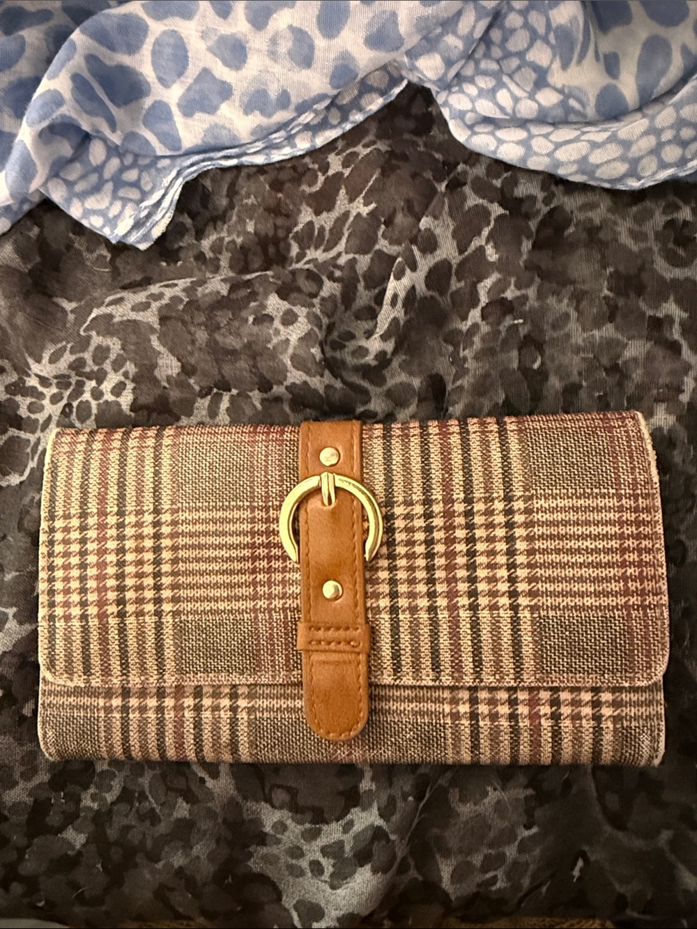 Time and Tru Brown Plaid Wallet with Tan Strap and Gold Buckle